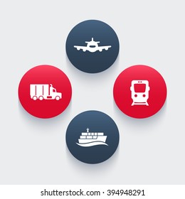 transportation industry icons, cargo train vector, air transport, cargo ship, cargo truck icon, transportation pictograms, round icons, vector illustration