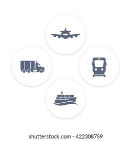 transportation industry icons, cargo train vector, maritime transport, ship, cargo truck, transportation pictograms, round icons, vector illustration