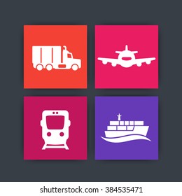 transportation industry icons on squares, cargo train vector, air transportation, maritime transport, cargo truck icon, 