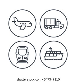 transportation industry line icons, maritime transport, ship, cargo truck, train