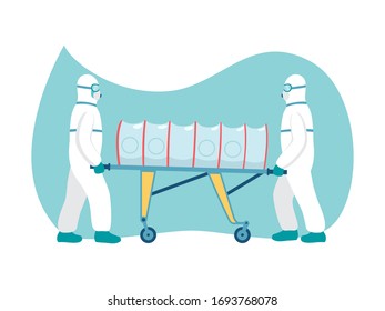 Transportation of infected human in sterile box on the gurney, vector illustration isolated on white background. Two medical workers in sterile suits. Coronavirus infection concept.