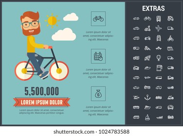 Transportation infographic template, elements and icons. Infograph includes line icon set with transport vehicle, truck trailer, airplane flight, car, train, hot air balloon, construction vehicles etc