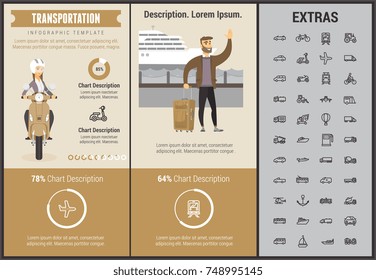 Transportation infographic template, elements and icons. Infograph includes customizable graphs, charts, line icon set with transport vehicle, truck trailer, airplane flight, car, bus, train etc.
