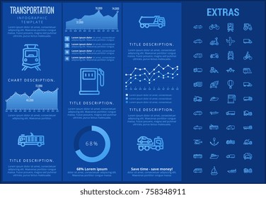 Transportation infographic template, elements and icons. Infograph includes customizable graphs, charts, line icon set with transport vehicle, truck trailer, airplane flight, car, bus, train etc.