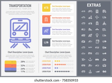 Plantilla de infografía de transporte, elementos e iconos. Infograph incluye gráficos, gráficos, gráficos, juegos de iconos de línea con vehículo de transporte, remolque de camión, vuelo de avión, coche, bus, tren, etc. personalizables.