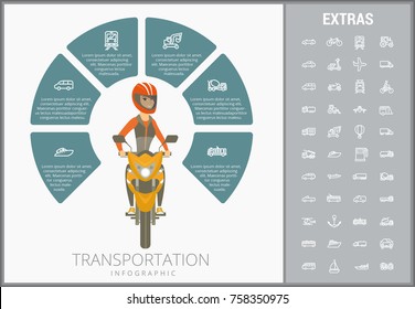Transportation infographic template, elements and icons. Infograph includes customizable circular diagram, line icon set with transport vehicle, truck trailer, airplane flight, car, bus, train etc.