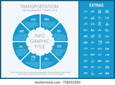 Transportation infographic template, elements and icons. Infograph includes customizable circular diagram, line icon set with transport vehicle, truck trailer, airplane flight, car, bus, train etc.