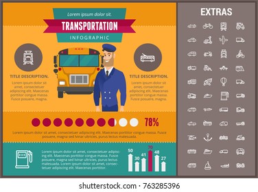 Transportation infographic template, elements and icons. Infograph includes customizable graphs, charts, line icon set with transport vehicle, truck trailer, airplane flight, car, bus, train etc.