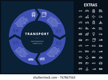 Plantilla de información de transporte, elementos e iconos. Infograph incluye diagrama circular personalizable, conjunto de iconos de línea con vehículo de transporte, remolque de coche, vuelo en avión, camión, bus, tren, etc.