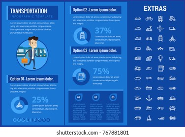 Infografik-Vorlage, Elemente und Symbole für den Transport. Infografen beinhalten anpassbare Grafiken, Diagramme, Liniensymbol mit Transportfahrzeug, Lastwagenanhänger, Flugzeug, Auto, Bus, Bahn usw.
