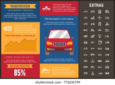 Transportation infographic template, elements and icons. Infograph includes customizable graphs, charts, line icon set with transport vehicle, truck trailer, airplane flight, car, bus, train etc.