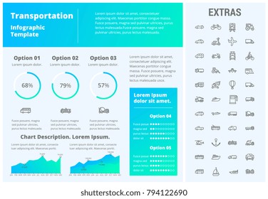 Transportation infographic template, elements and icons. Infograph includes customizable graphs, three options, line icon set with transport vehicle, truck trailer, airplane flight, car, train etc.