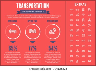 Transportation infographic template, elements and icons. Infograph includes customizable graphs, three options, line icon set with transport vehicle, truck trailer, airplane flight, car, train etc.