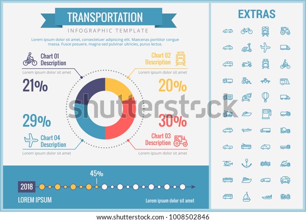 Transportation infographic template, elements and\
icons. Infograph includes customizable pie chart, graph, line icon\
set with transport vehicle, truck trailer, airplane flight, car,\
bus, train etc.
