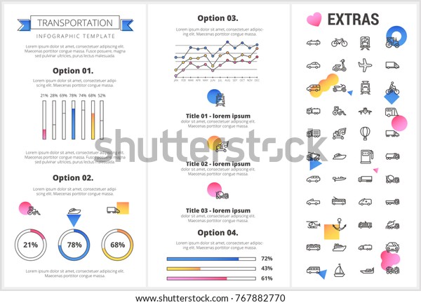 Transportation infographic template, elements and\
icons. Infograph includes customizable graphs, four options, line\
icon set with transport vehicle, truck trailer, airplane flight,\
car, train etc.