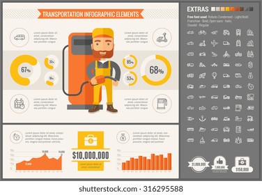 Transportation infographic template and elements. The template includes illustrations of hipster men and huge awesome set of thin line icons. Modern minimalistic flat vector design.