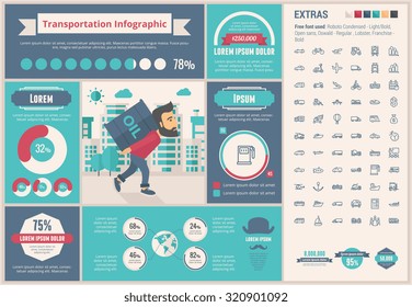 Transportation infographic template and elements. The template includes illustrations of hipster men and huge awesome set of thin line icons. Modern minimalistic flat vector design.