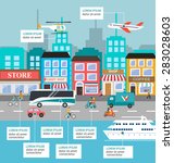Transportation infographic with vector set of various urban and city cars and vehicles featuring truck, car, bike, scooter, plane, helicopter, yacht. Traffic infographics elements 