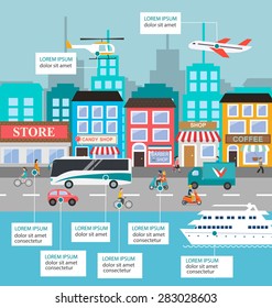 Transportation infographic with vector set of various urban and city cars and vehicles featuring truck, car, bike, scooter, plane, helicopter, yacht. Traffic infographics elements 