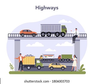 Transportation infrastructure sector of the economy. Highway logistic, inter-city road. Cargo transportation service. Traveling and tourism business. Isolated flat vector illustration