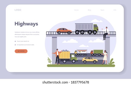 Transportation infrastructure sector of the economy. Highway logistic, inter-city road. Cargo transportation service. Traveling and tourism business. Isolated flat vector illustration