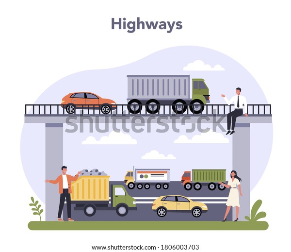 Transportation\
infrastructure sector of the economy. Highway logistic, inter-city\
road. Cargo transportation service. Traveling and tourism business.\
Isolated flat vector\
illustration