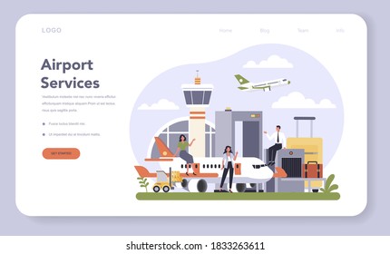 Transportation infrastructure sector of the economy web banner or landing page. Airport and air transportation service. Traveling and tourism business. Isolated flat vector illustration