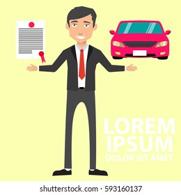 transportation insurance and ownership concept - man with car documents outside