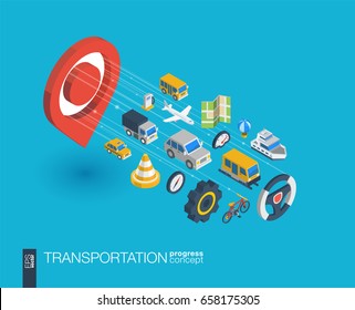 Iconos web 3d integrados de transporte. Concepto de progreso isométrico de la red digital. Sistema de crecimiento de línea de diseño gráfico conectado. Fondo abstracto para el tráfico, servicio de navegación. Información del vector