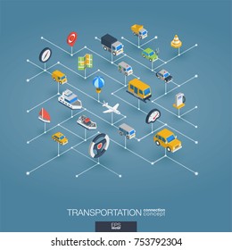 Transportation integrated 3d web icons. Digital network isometric interact concept. Connected graphic design dot and line system. Abstract background for traffic, navigation service. Vector Infograph