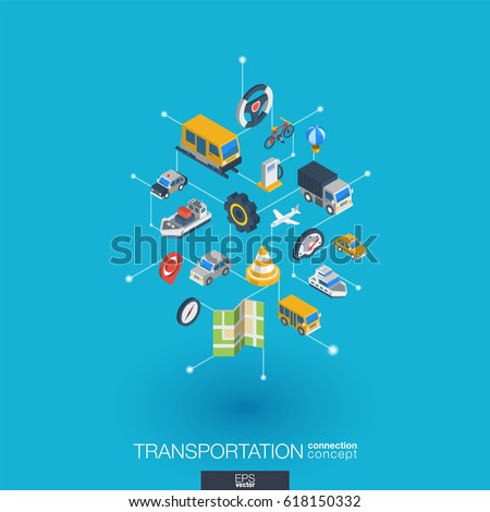 Transportation integrated 3d web icons. Digital network isometric interact concept. Connected graphic design dot and line system. Abstract background for traffic, navigation service. Vector Infograph