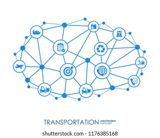 Transportation integrated interact concept. Connected graphic design dot and line system. Abstract background for traffic, navigation service. Vector Infograph.