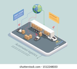 Transportation isometric concept with remote controlled robots loading cargo into truck with autopilot 3d vector illustration