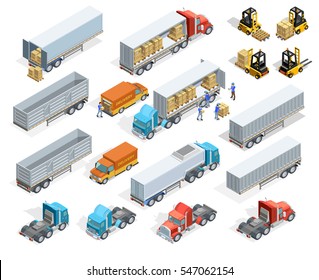 Transportation isometric elements set with loaded and empty trucks trailers boxes forklifts and workers isolated vector illustration