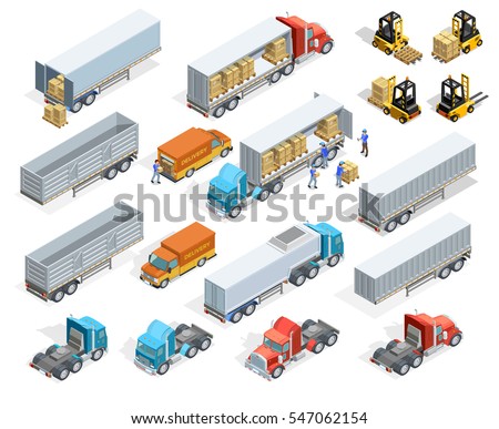 Transportation isometric elements set with loaded and empty trucks trailers boxes forklifts and workers isolated vector illustration