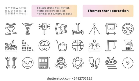 Transportation items, black line icon set, 24 simple vector signs, 48x48 px and 300x300 px pictograms, editable stroke, pixel perfect