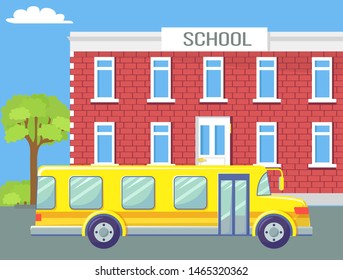 Transportation for kids from and to school vector, isolated yellow bus with inscription in colorful fonts. Transport with seats and comfortable armchairs. Back to school concept. Flat cartoon