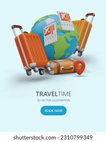 Transportation of large amount of luggage. Packing for long term travel. Trip for two. Professional services of tour operator. Vertical advertising template with realistic illustration, button