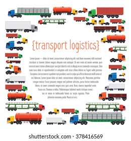 Transportation layout template. It contains a large number of trucks with different trailers. Trucks are arranged in a circle, and the center of the header and text.