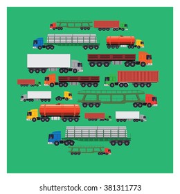 Transportation layout template. It contains a large number of trucks with different trailers. 