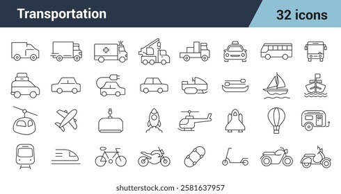 Transportation Line Editable Icons set. Includes Transport, Vehicle, ambulance motorcycle , train, helicopter, bus, ship, plane vector illustration.