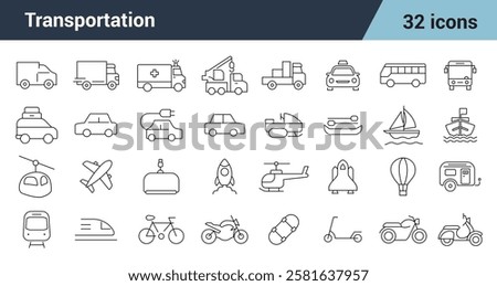 Transportation Line Editable Icons set. Includes Transport, Vehicle, ambulance motorcycle , train, helicopter, bus, ship, plane vector illustration.