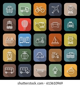 Transportation line flat icons with long shadow, stock vector