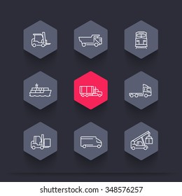 Transportation, line hexagon icons, Forklift, Cargo ship, Freight train, Cargo truck, vector illustration