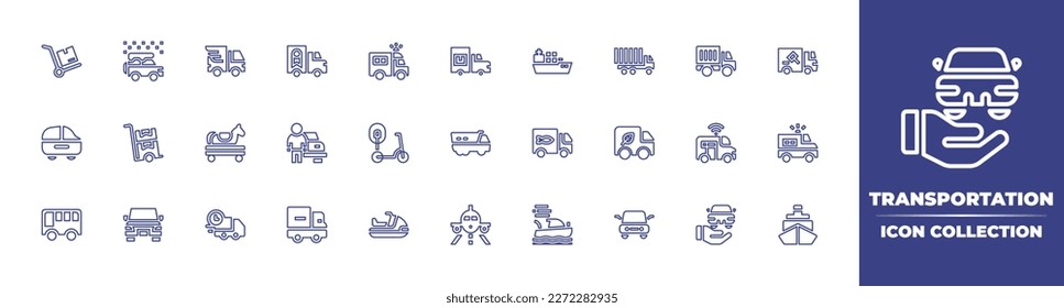 Transportation line icon collection. Editable stroke. Vector illustration. Containing transport cart, transport, transportation, delivery, transporting, electric scooter, truck, smart car, prisoner.