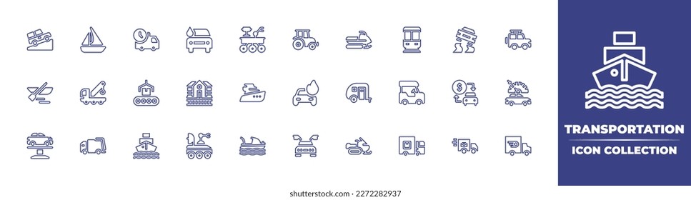 Transportation line icon collection. Editable stroke. Vector illustration. Containing jeep, boat, delivery time, car wash, mars rover, tractor, snowmobile, subway, slippery road, tow truck, conveyor.