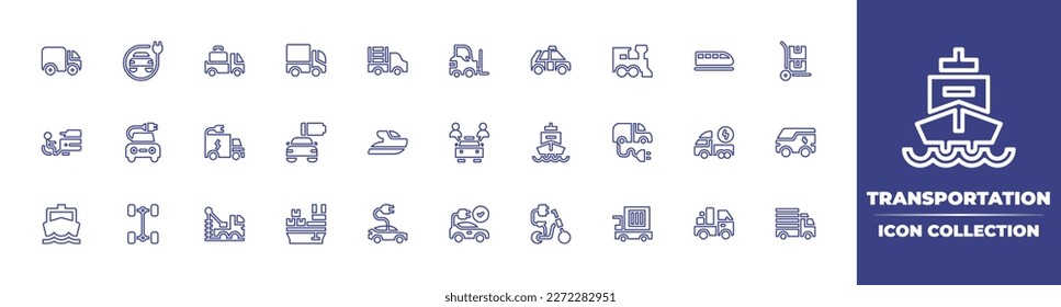 Transportation line icon collection. Editable stroke. Vector illustration. Containing automobile, electric transport, luggage, truck, forklift, taxi, train, trolley, car, electric car, low battery.