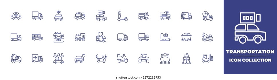 Kollektion von Transportlinie-Icon. Bearbeitbarer Strich. Vektorgrafik. Mit Elektroauto, LKW, Auto, Lieferwagen, Elektro-Roller, Pick-up-LKW, LKW, van, Jeepney, Auto-Lift, Zug.