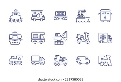 Transportation line icon set. Editable stroke. Vector illustration. Containing ship, golf cart, freight wagon, bus, camper, excavator, delivery, freezer truck, train, delivery truck, concrete, fast.