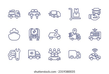 Transportation line icon set. Editable stroke. Vector illustration. Containing delivery truck, car, packing, ships, electric transport, scooter, prisoner transport vehicle, car repair, truck, sharing.